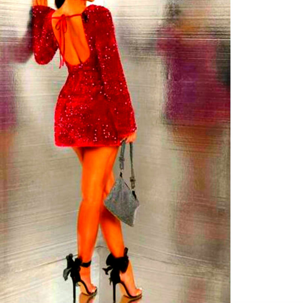 Shein Curve EUC velvet sequin open back mini dress 0XL red